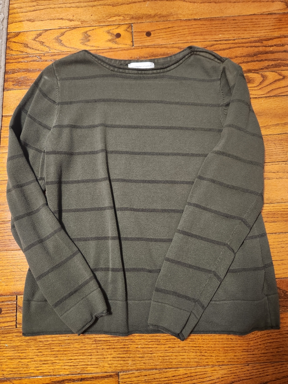 Christopher & Banks Olive Green Crewneck Sweater with Dark Stripe